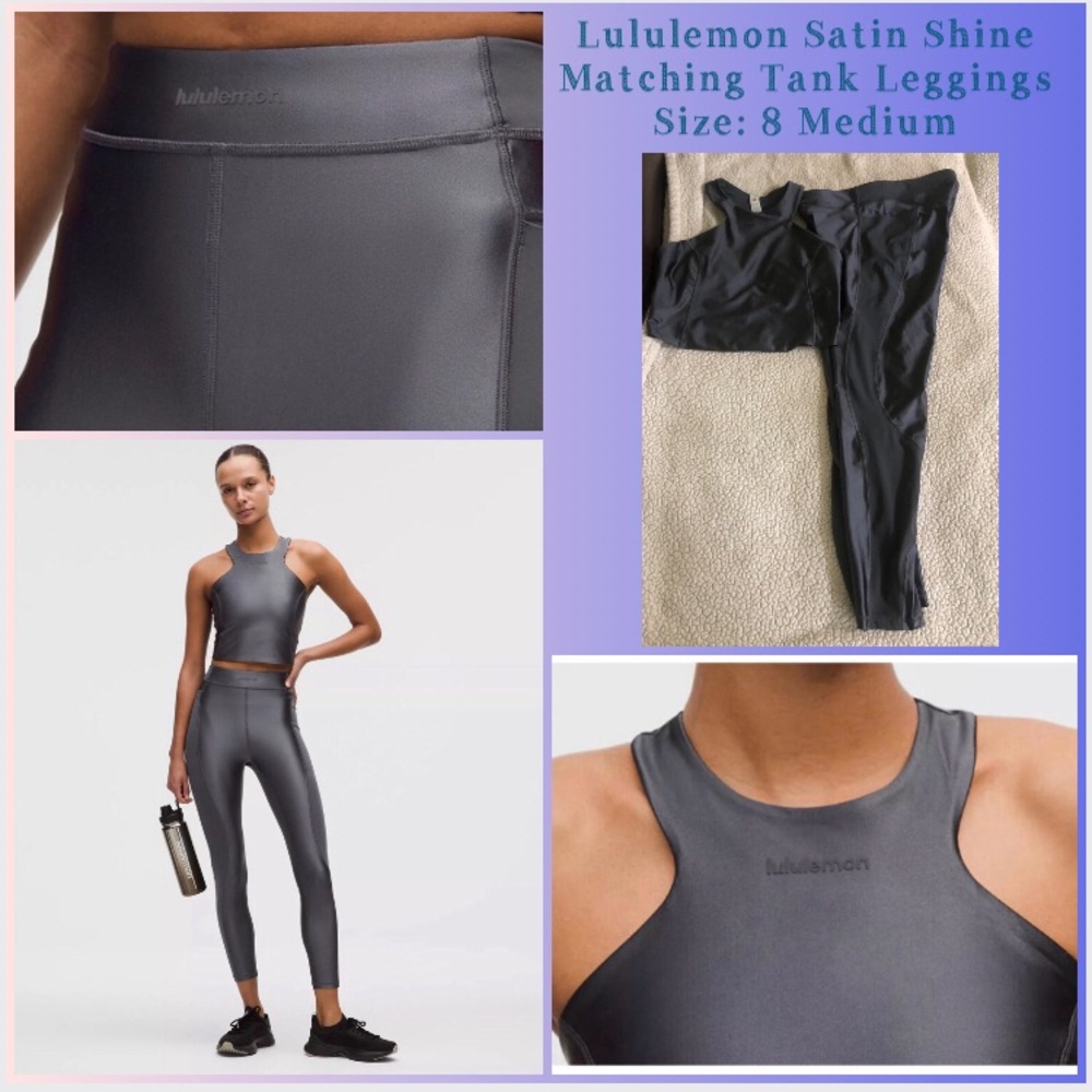 lululemon Satin Shine Wordmark Pannelled HR Leggings Tank Matching Set Logo 8